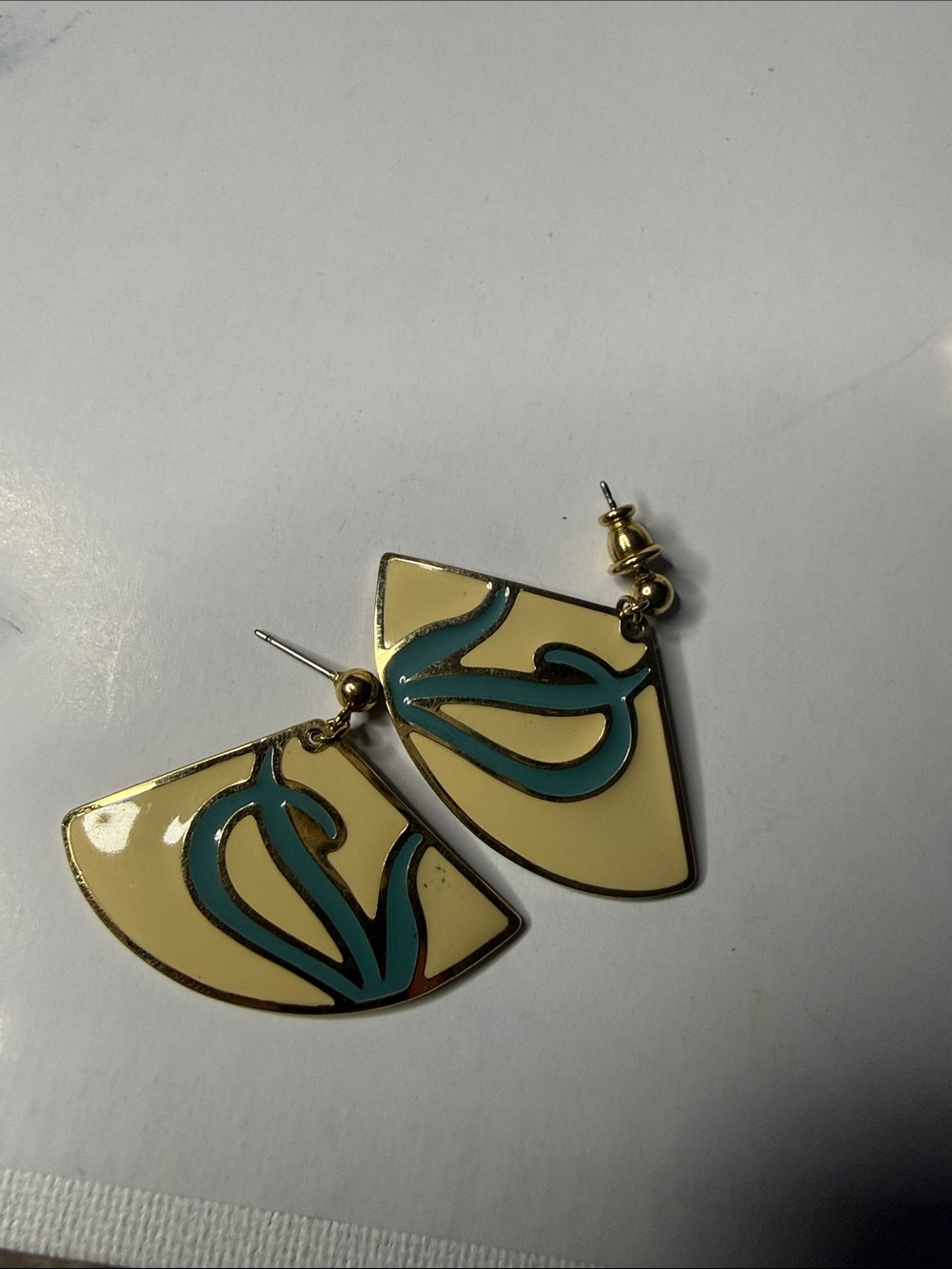 Stylish Cream and Teal Enamel Fan-Shaped Drop Earrings